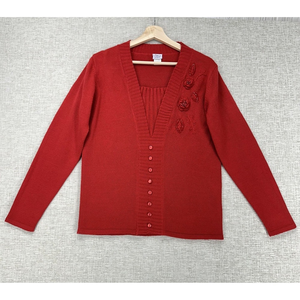 Artisan DeLafield Sweater Womens Medium Red Beaded Rose Floral‎ Long Sleeve